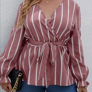 Striped, Belted, V-Neck Blouse